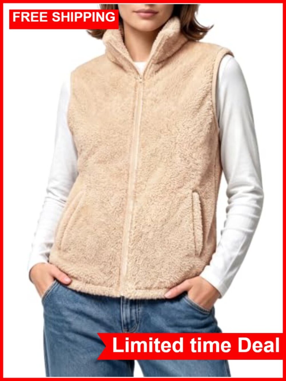 Women's Fleece Sherpa Vest Warm Cozy Zip Up Outerwear with Pockets